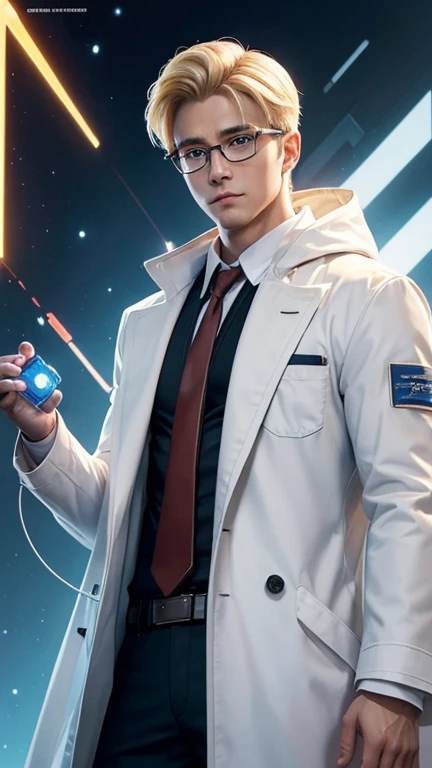 blonde、handsome hero with glasses、white coat worn by scientists、alone、There are also researchers、There are scientists、graduate school、Upper body、highest quality、masterpiece、ultra high resolution、(Photoreal:1.4)、game poster