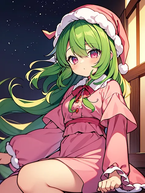 masterpiece, best quality, 1girl, little girl, child, 10 years old, kazami yuuka (pc-98), solo, green hair, long hair, pink nightcap, pink santa hat, green eyes, kazami yuuka, long sleeves, red ribbon, pink negligee, sleepy eyes, one piece clothing, touhou...