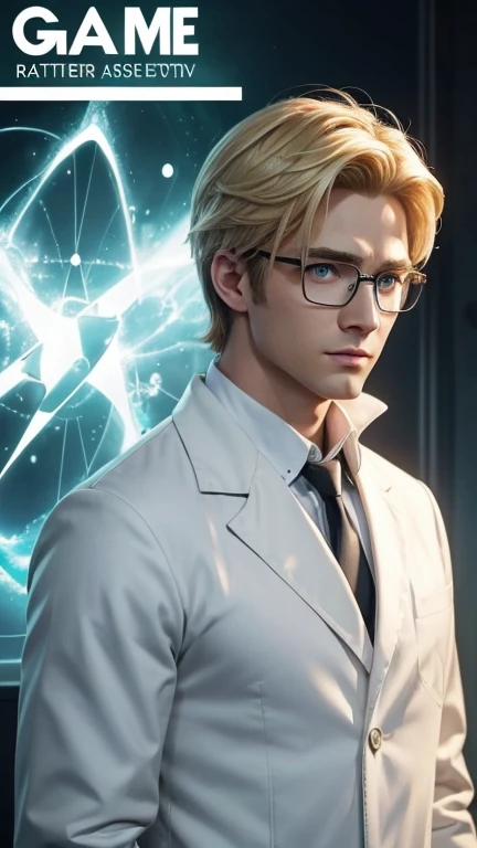 blonde、green eyes、handsome hero with glasses、white coat worn by scientists、alone、There are also researchers、There are scientists、graduate school、Upper body、highest quality、masterpiece、ultra high resolution、(Photoreal:1.4)、game poster