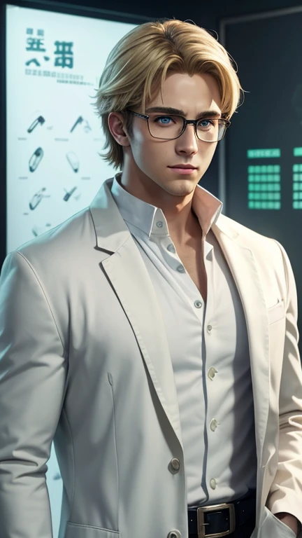 blonde、green eyes、handsome hero with glasses、white coat worn by scientists、alone、There are also researchers、There are scientists、graduate school、Upper body、highest quality、masterpiece、ultra high resolution、(Photoreal:1.4)、game poster