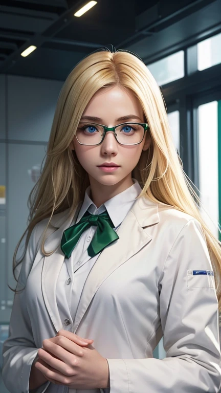 blonde、green eyes、Beautiful protagonist wearing glasses、white coat worn by scientists、alone、There are also researchers、There are scientists、graduate school、Upper body、highest quality、masterpiece、ultra high resolution、(Photoreal:1.4)、game poster