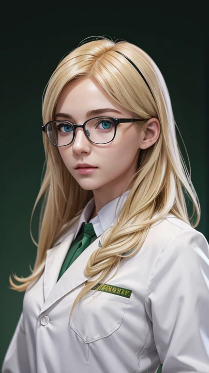 blonde、green eyes、Beautiful protagonist wearing glasses、white coat worn by scientists、alone、There are also researchers、There are scientists、graduate school、Upper body、highest quality、masterpiece、ultra high resolution、(Photoreal:1.4)、game poster