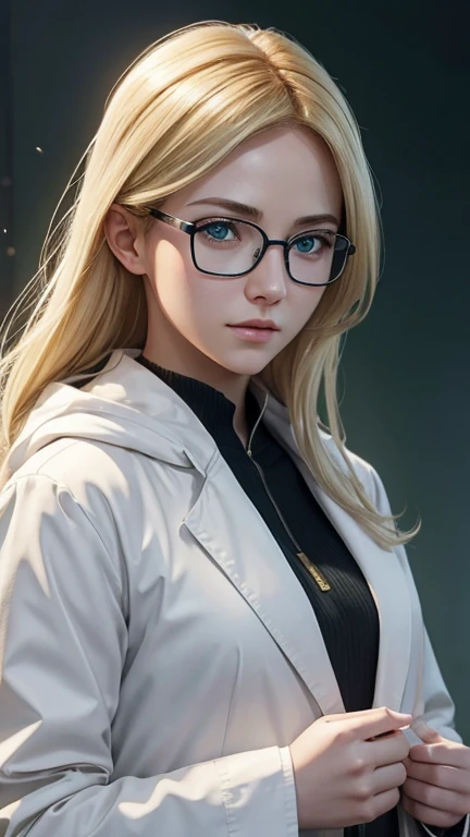 blonde、green eyes、Beautiful protagonist wearing glasses、white coat worn by scientists、alone、There are also researchers、There are scientists、graduate school、Upper body、highest quality、masterpiece、ultra high resolution、(Photoreal:1.4)、game poster