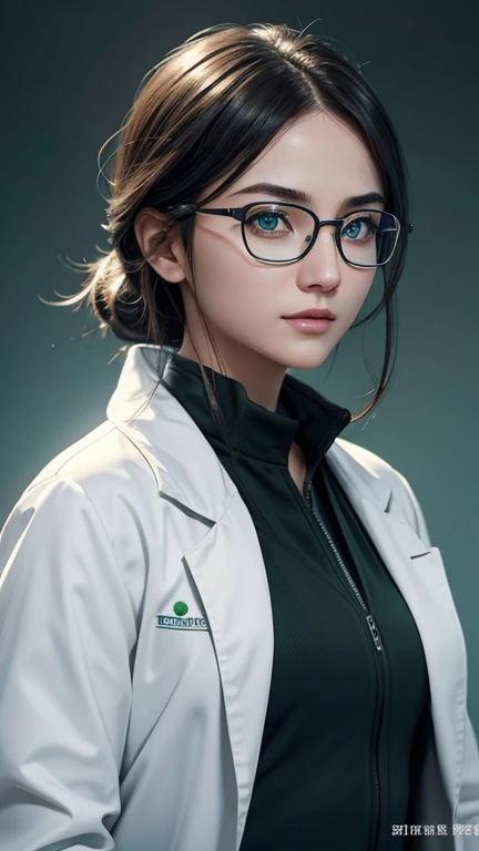 green eyes、Beautiful protagonist wearing glasses、white coat worn by scientists、alone、There are also researchers、There are scientists、graduate school、Upper body、highest quality、masterpiece、ultra high resolution、(Photoreal:1.4)、game poster