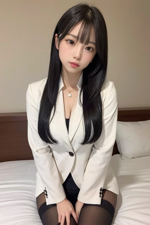 stockings,droopy eyes,black hair,suit,sitting on the bed