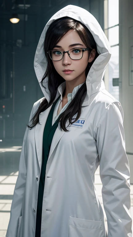 green eyes、Beautiful protagonist wearing glasses、white coat worn by scientists、alone、There are also researchers、There are scientists、graduate school、Upper body、highest quality、masterpiece、ultra high resolution、(Photoreal:1.4)、game poster