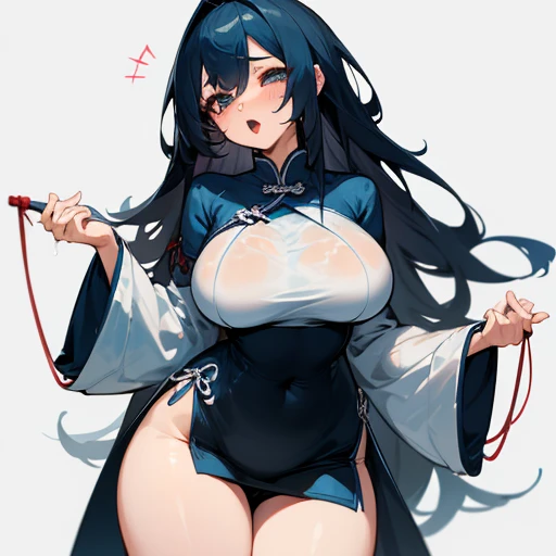 character girl 1,perfect body,odd eye,big breasts,big breasts,thin waist,Drooping eyes,long hair,wet clothes,valley,China dress,expression of embarrassment,slouch,thighs,open mouth,tongue out,Drool,Ahegao,string pants