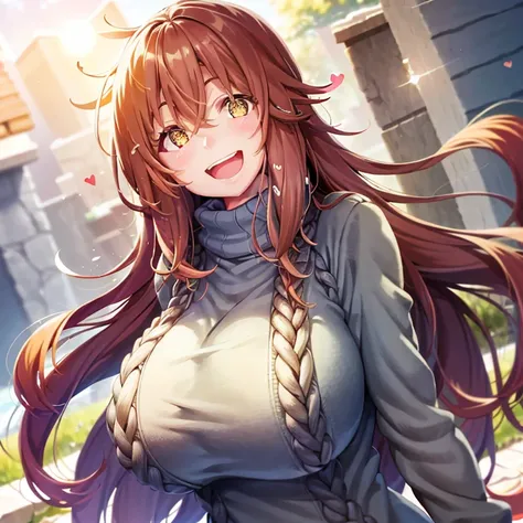 a girl, cosy sweater on, upper body, (huge Laughing:1.1), (open mouth:1.1), (wide open eyes:1.2), sun glare, bokeh, depth of field, blurry background, light particles, strong wind, (heart particles:1.1)