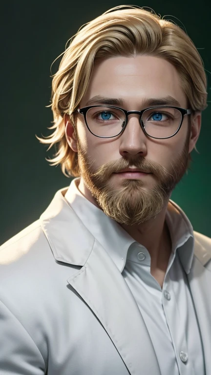 blonde、green eyes、beard、hero of glasses、white coat worn by scientists、alone、There are also researchers、There are scientists、graduate school、Upper body、highest quality、masterpiece、ultra high resolution、(Photoreal:1.4)、game poster