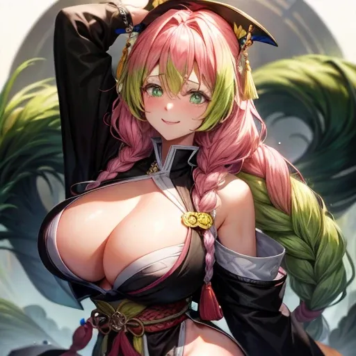 8K HD, Ganlu Temple Manli, pink hair, green hair, braid, huge natural, posture, Shy embarrassed smile, black kimono, Faust