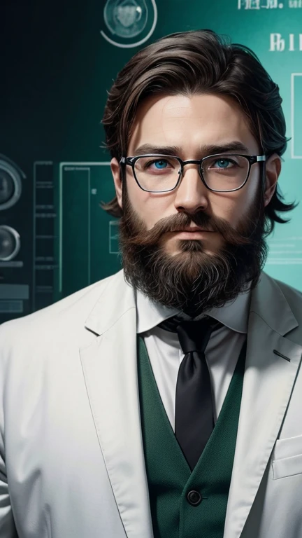 green eyes、beard、hero of glasses、white coat worn by scientists、alone、There are also researchers、There are scientists、graduate school、Upper body、highest quality、masterpiece、ultra high resolution、(Photoreal:1.4)、game poster