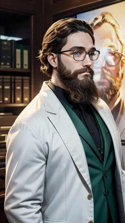 green eyes、beard、hero of glasses、white coat worn by scientists、alone、There are also researchers、There are scientists、graduate school、Upper body、highest quality、masterpiece、ultra high resolution、(Photoreal:1.4)、game poster