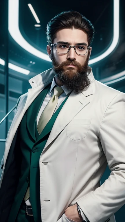 green eyes、beard、hero of glasses、white coat worn by scientists、alone、There are also researchers、There are scientists、graduate school、Upper body、highest quality、masterpiece、ultra high resolution、(Photoreal:1.4)、game poster