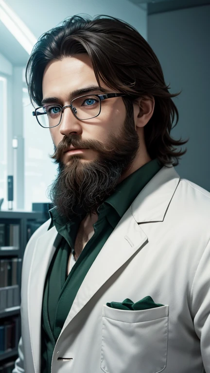 green eyes、beard、hero of glasses、white coat worn by scientists、alone、There are also researchers、There are scientists、graduate school、Upper body、highest quality、masterpiece、ultra high resolution、(Photoreal:1.4)、game poster