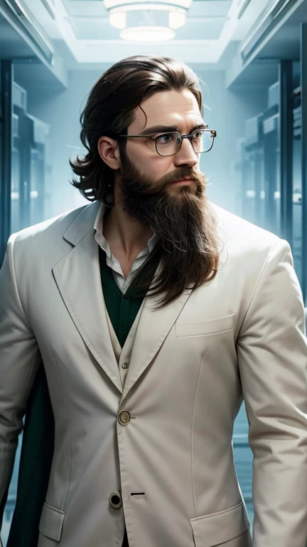 green eyes、beard、hero of glasses、white coat worn by scientists、alone、There are also researchers、There are scientists、graduate school、Upper body、highest quality、masterpiece、ultra high resolution、(Photoreal:1.4)、game poster