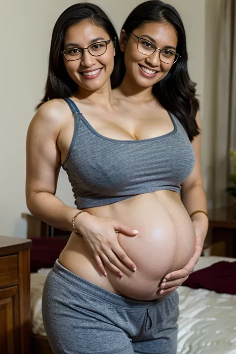 Dslr photo, (2heads:1.6), (8k, 4k, masterpiece),nerdy geek filipina asian woman, expectant mother, dark thick rimmed glasses, smiling, posing indoors, bedroom, night, (tank top), cleavage, sleeveless, pajamas, showing bare pregnant belly, bracelets, smilin...