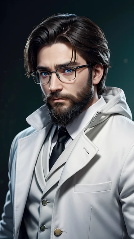 green eyes、beard、hero of glasses、white coat worn by scientists、alone、There are also researchers、There are scientists、graduate school、Upper body、highest quality、masterpiece、ultra high resolution、(Photoreal:1.4)、game poster