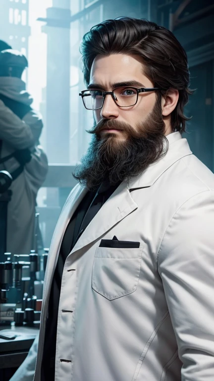 green eyes、beard、hero of glasses、white coat worn by scientists、alone、There are also researchers、There are scientists、graduate school、Upper body、highest quality、masterpiece、ultra high resolution、(Photoreal:1.4)、game poster