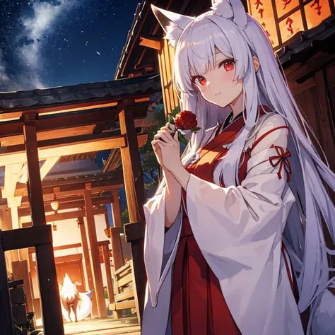 shrine maiden，long hair，with the fox