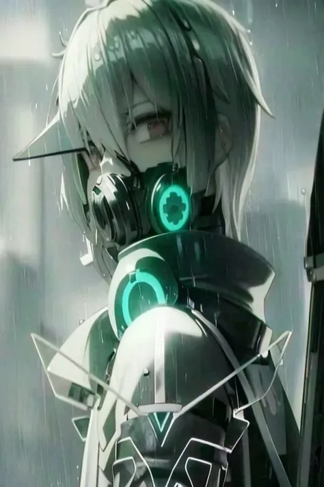 wearing a gas mask、green eyed anime boy standing in the rain, night nucleus, digital cyberpunk anime art, digital cyberpunk - an...