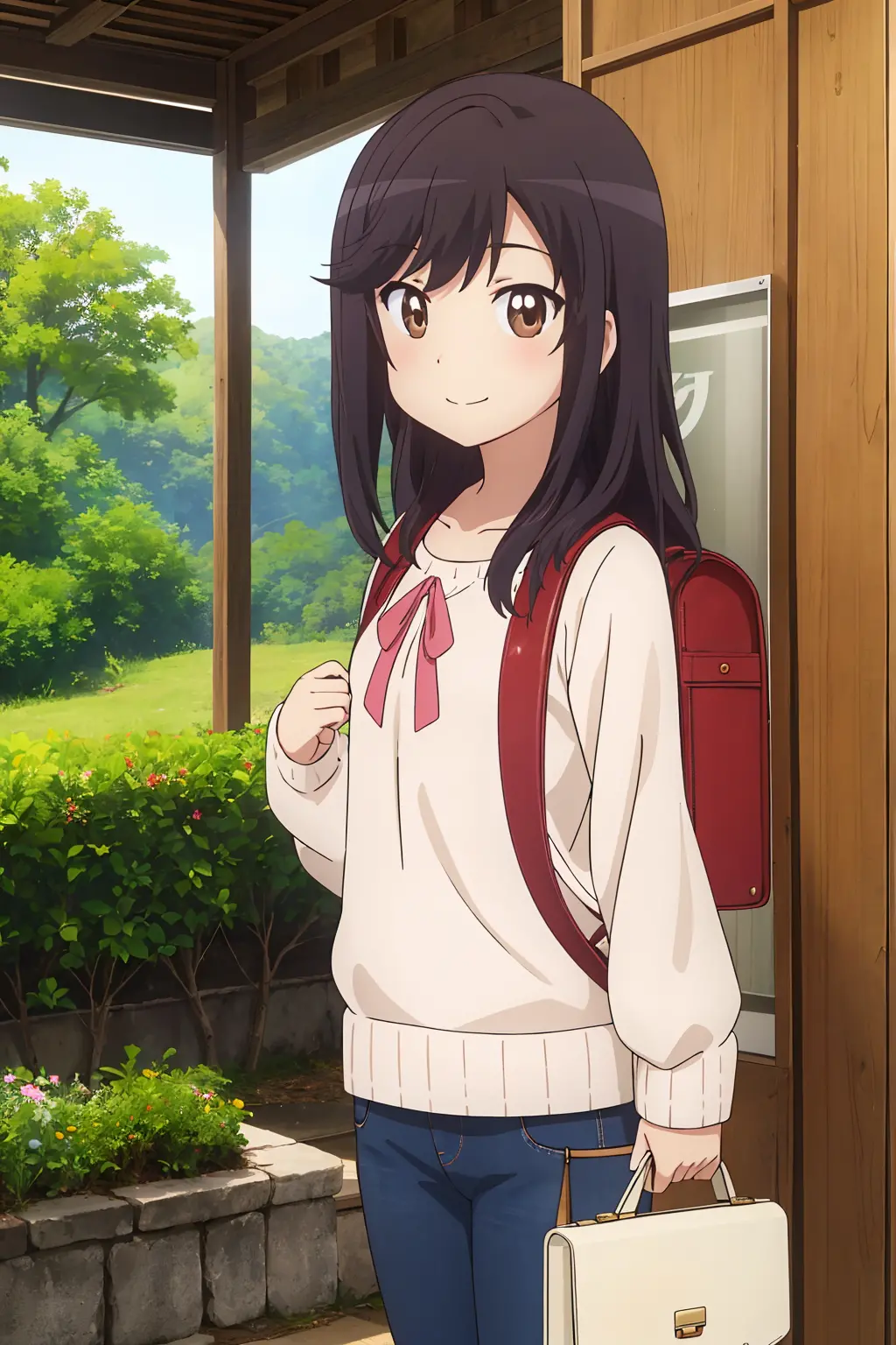 nonhotaru,looking_at_viewer,smile,nature,shirt,skirt,backpack,randoseru,sweater,