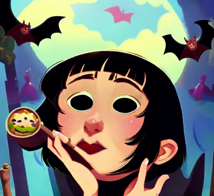 Wendy Stewart, black hair, short hair, bowl cut, hair over eyes, bat hair ornament, Surrealism, 8k, super detail, 1080P, 16k