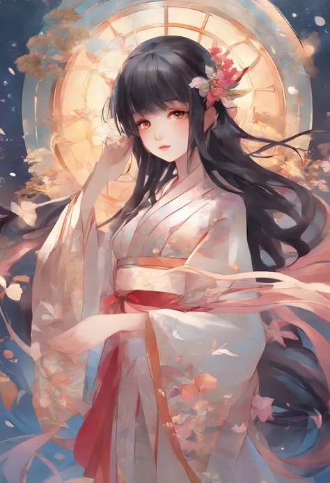 Tokyo with no one、dazzling light、japanese girl、14 years old、black hair、medium long hair、white kimono、mini skirt、geta、wearing a hood、floating、wear an aura、floating、gentle expression、SakuraFubuki