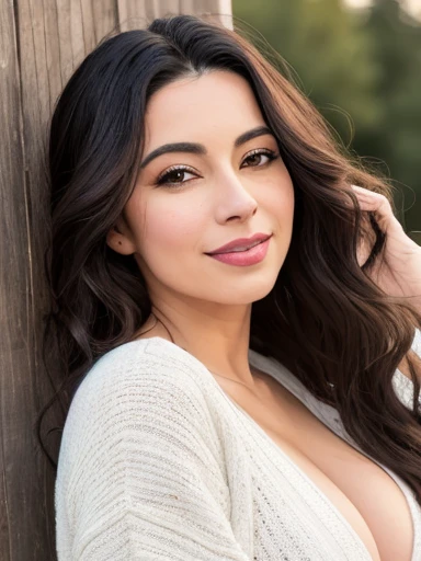 RAW style, masterpiece, best quality, ultra-detailed), 36 years old Neelofar posting outdoor, deep V sweater, big breast, beautiful night, cheerfully and happy, clear sky, analog style, (skin texture, film grain), cinematic light, sidelighting, ultra high ...