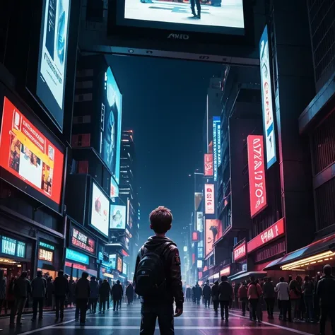 Scene 1]



Narrator: "In a world of endless possibilities, where technology and innovation shape our future..." Help me generate a image of a boy among crowd looking at the illuminated street billboard in a sci Fi environment 