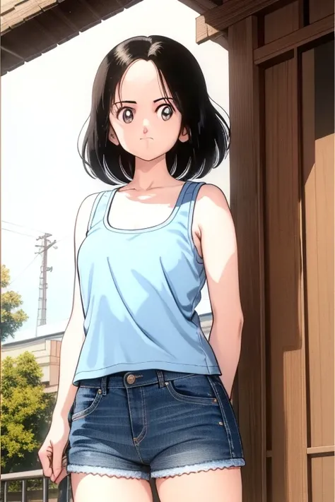 1girl, hikari, black hair, short hair, forehead, looking at viewer, tank top, denim shorts,, (best quality, masterpiece:1.3)