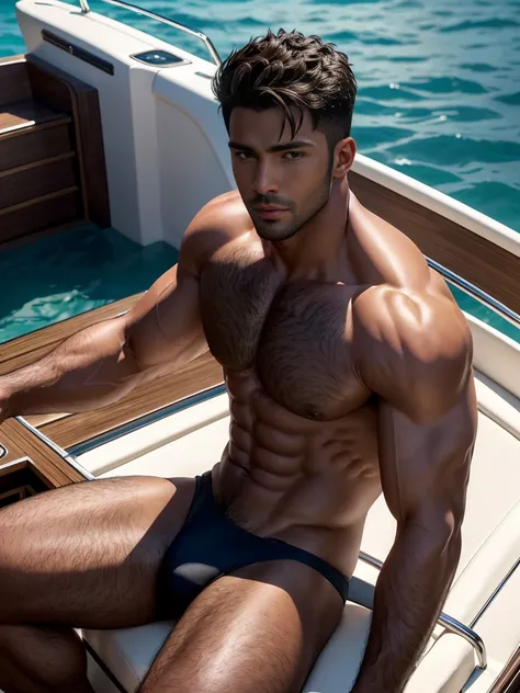 8K，8K resolution，muscular european, handsome guy，charming eyelue eyes，dark skin,Fine, smooth and shiny，Full chest muscles，Dense body hair，naked， white shortig bag，highlight，Sit on the boat，best quality，professional lighting，Professional photography，Realist...