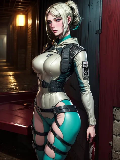 ela_(rainbow_six_siege),Solo best quality, masterpiece, extremely detailed CG, extremely detailed 8K wallpaper, beside a carriage, broken carriage, bodies of dead guards around girl, light, extremely detailed character ultra-detailed, detailed face, beauti...