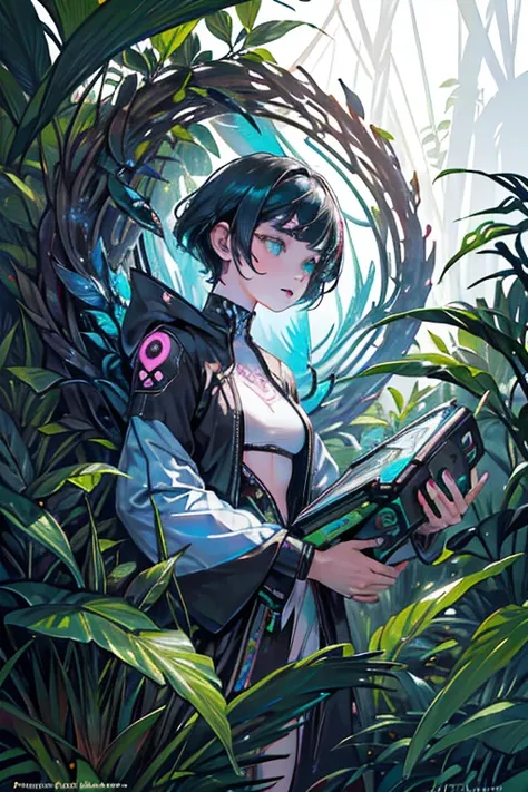 Future genetic engineering will incorporate living organisms into its work of art, Covered by fauna, flora. Alebrije, Masterpiece, hyper HD, Axonometric view, jungles. Cyberpunk, girl with black short hair fall scared