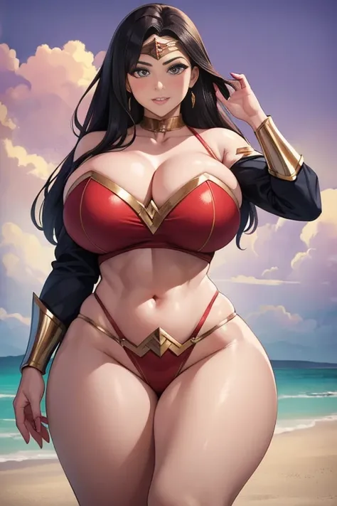 Wonder Woman, 1 girl, ((barnet))), long black huniform, thick thighs, huge ass, huge natural breasts, cleavage, mature mother, huge muscleoysenberry eyes, Curvaceous physique, 1man, missionary sex, on the beach