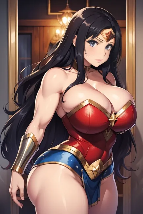 Wonder Woman, 1 girl, ((barnet))), long black hair, uniform, confused face, thick thighs, huge ass, huge natural breasts, cleavage, mature mother, huge muscleoysenberry eyes, Curvaceous physique, in a farm