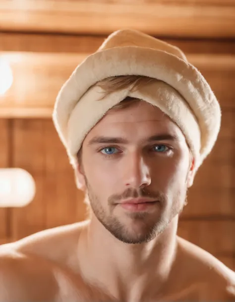 photo of gorgeous handsome australian man, blue eyes, light beard,short messy hair style light blonde, flip the hair, Close-up in a tightly cropped portrait, decline (indoor sauna:1.2) please wear(put a sauna hat on your head:1.3) (gold lighting:1.2) Foreg...