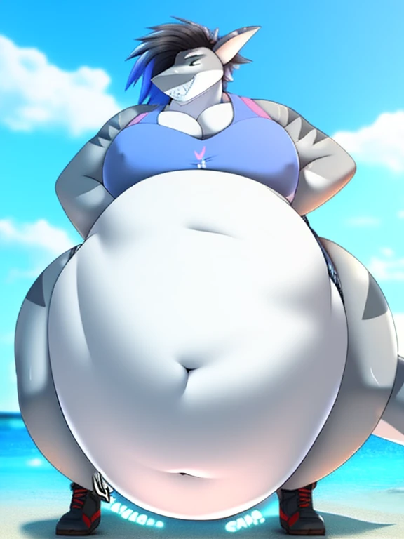 White and grey fur, big thighs, big breasts, snout, shark tail, shark fin, fat, overweight, massive belly, vore, large stomach