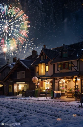 (Faraway view:1.8), ((at winter season))，(New Year&#39;s Day)，((fireworks in the night sky:1.7))，((Fireworks bloom，lots of fireworks))，Quaint European village，(corner flower shop:1.5)，beautiful  flowers，warmly lit，(Filled with many colorful lanterns and Ne...