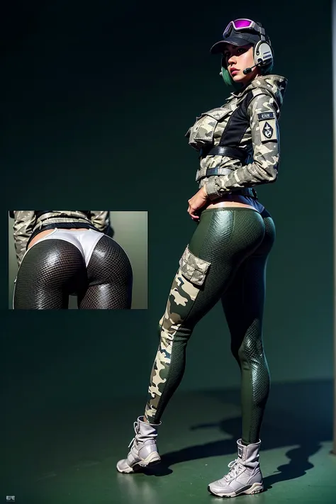  detailed, masterpiece, (1girl),female, beautiful face, mature, alluring face, ela, green hair, Bob cut,breasts, ass, pussy, full body, (camouflage:1.2), (WHITE hat:1.3), military, headset, bag, uniform, holster, goggles, headphones,jacket, hood, military ...