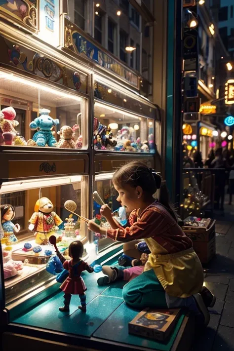 A creative prompt for a toy store window display:

toys, playful, colorful, imaginative, animated, whimsical, fantasy, enchanting, magical, dolls, action figures, stuffed animals, interactive, joyful, vibrant, dynamic, sparkly, attention-grabbing, eye-catc...