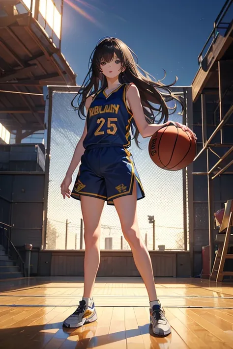 (8k, best quality, masterpiece:1.2), (realistic, photo-realistic:1.37), ultra-detailed,best quality, ultra high res, professional lighting, photon mapping, radiosity, physically-based rendering, cinematic lighting, basketball court,depth of field, sharp fo...