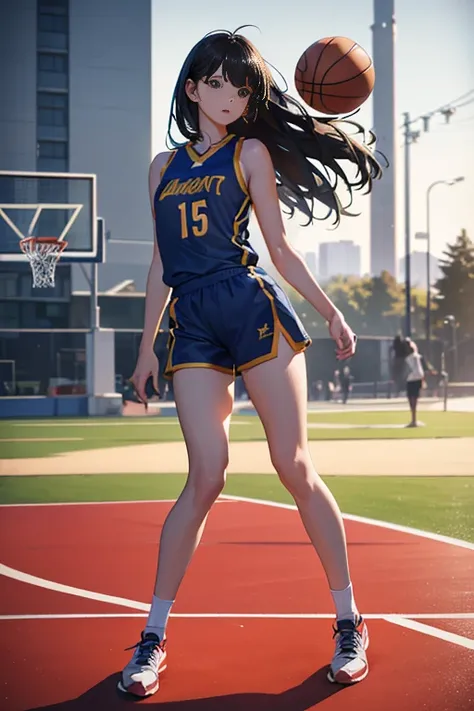 (8k, best quality, masterpiece:1.2), (realistic, photo-realistic:1.37), ultra-detailed,best quality, ultra high res, professional lighting, photon mapping, radiosity, physically-based rendering, cinematic lighting, basketball court,depth of field, sharp fo...