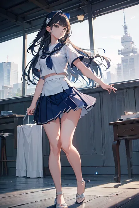 (extremely detailed CG:1.2), (masterpiece:1.2), (best quality:1.2),,((absurdres)),looking at viewer,full body, ,(1girl),solo,(long hair),(mathayom uniform),(white shirt short sleeves),(navy_blue pleated skirt),(long skirt),dynamic angle,standing,dynamic po...