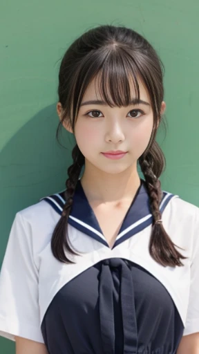 nude、shy face、whole body、Japanese beautiful girl、black hair、ponytail、high school girl、School、sailor suit、skirt