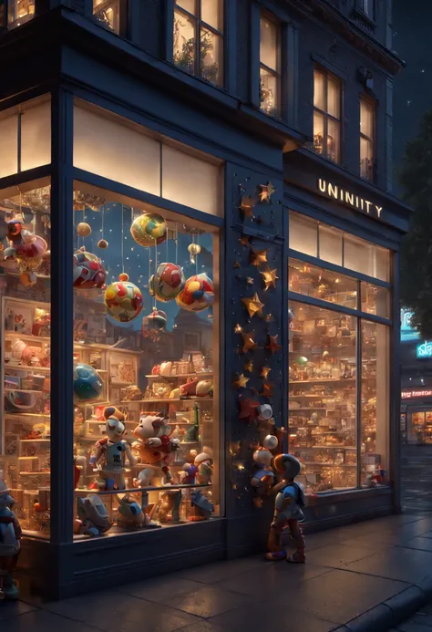 Toy Store Window Display, night, light, by Hans P. Bacher, octane render, enhance, intricate, (best quality, masterpiece, Representative work, official art, Professional, unity 8k wallpaper:1.3)