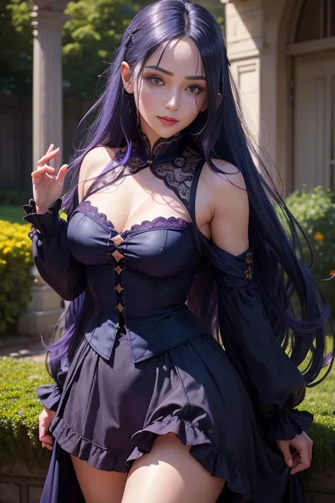 (absurdres, highres, ultra detailed), masterpiece, hinata(boruto), ((solo)), 1girl,medium breasts, long purple victorian style dress, closed mouth, (((long hair))),standing, the bodice and the skirt pattern, frill skirt, lace, blink blink effect, (((detail...