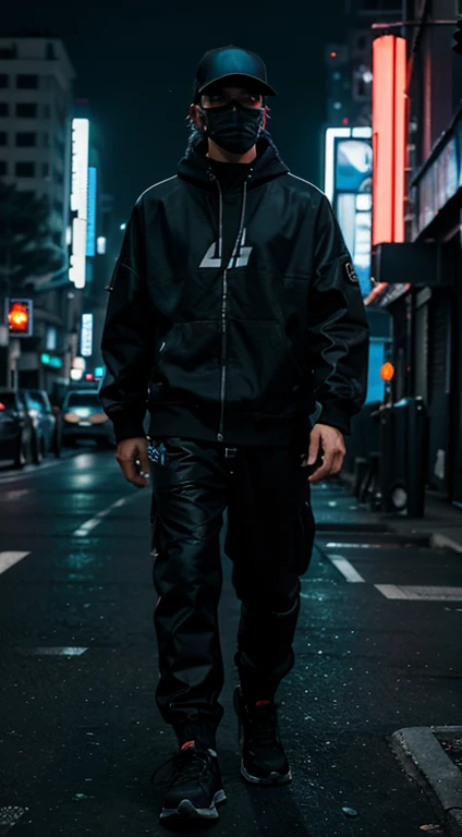 best quality, masterpiece, 1man, solo, cyber, cyberpunk, snap back on, street racing, oversize cloths, soft lighting, full body, dark theme, neon