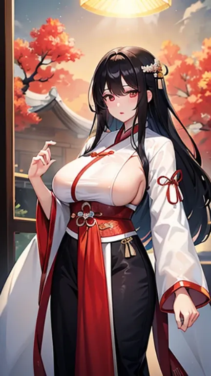 (masterpiece:1.2, beautiful, aesthetic), (Anime style:1.5)，4K,ambient soft lighting, 4K, perfect eyes, perfect face, perfect lighting, 1girl,black hair, ((exposed breasts:1.3)), glowing eyes, hair between eyes, lips, long hair, looking at viewer,parted lip...