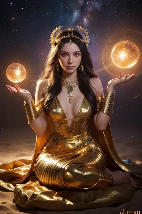 (beautiful movie decoration goddess sand, golden dress, shining gold tattoo), (Galactic shaman with quantum energy fantasy), fantasy magic, long hairstyle, dark light night, Complex, ethereal, sharp focus, figure, very detailed, digital painting, concept a...