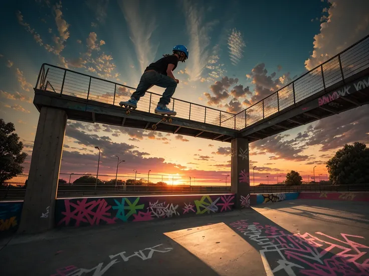 skate image concept, skateparks, (realistic), add vibrant graffiti to railing obstacles, clear skies, composition, sunset, (hdr:1.5), outdoors, intricate details, 
